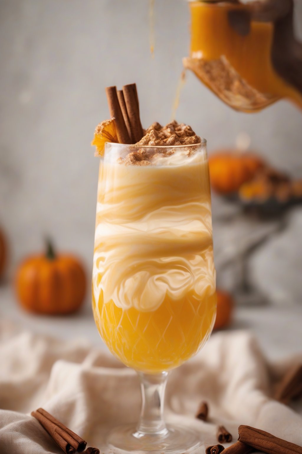 A high-resolution photo of a creamy pumpkin spice mimosa swirled in a glass, sprinkled with nutmeg, under soft lighting.