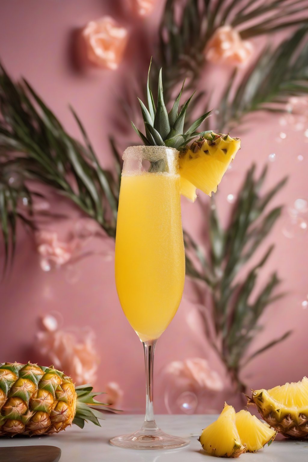 A high-resolution photo of a vibrant pineapple mimosa with a wedge garnish and bubbles rising, under soft lighting.
