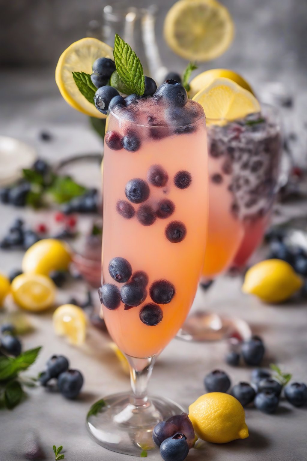 A high-resolution photo of a blueberry lemon mimosa with floating berries and a lemon wheel, under soft lighting.