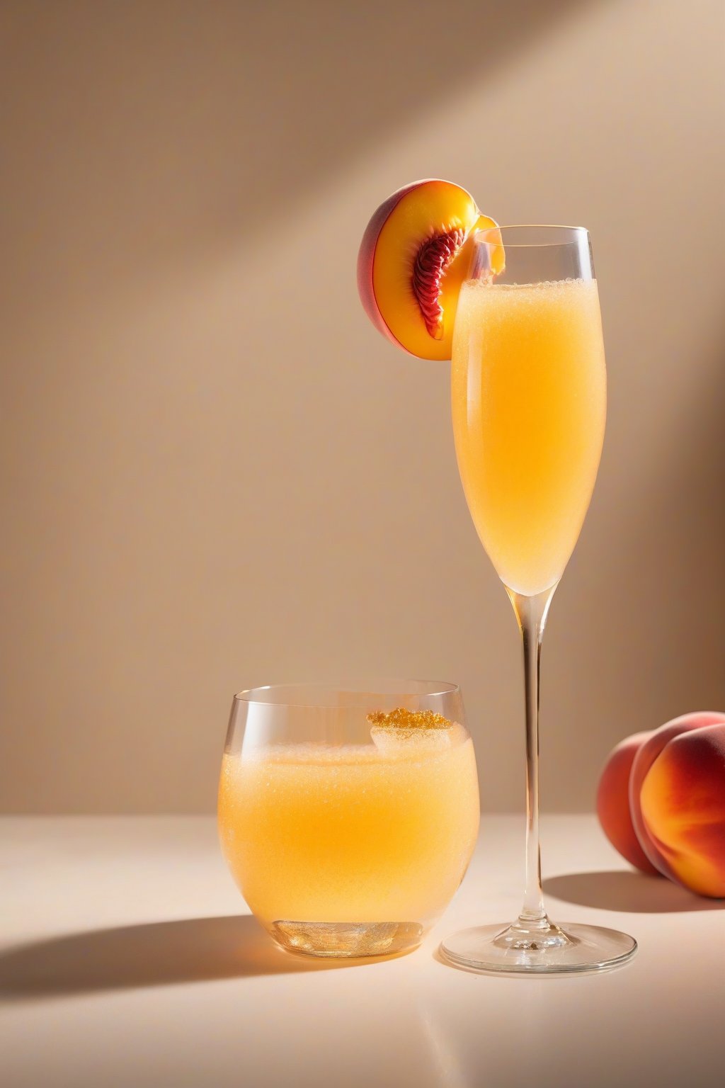 A high-resolution photo of a golden peach mimosa with a ripe slice garnish and fine bubbles, under soft lighting.