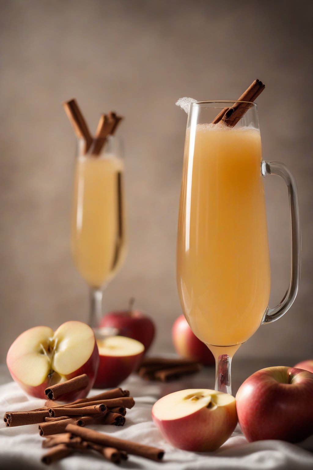 A high-resolution photo of an apple cider mimosa steaming slightly with cinnamon stick garnish, under soft lighting.
