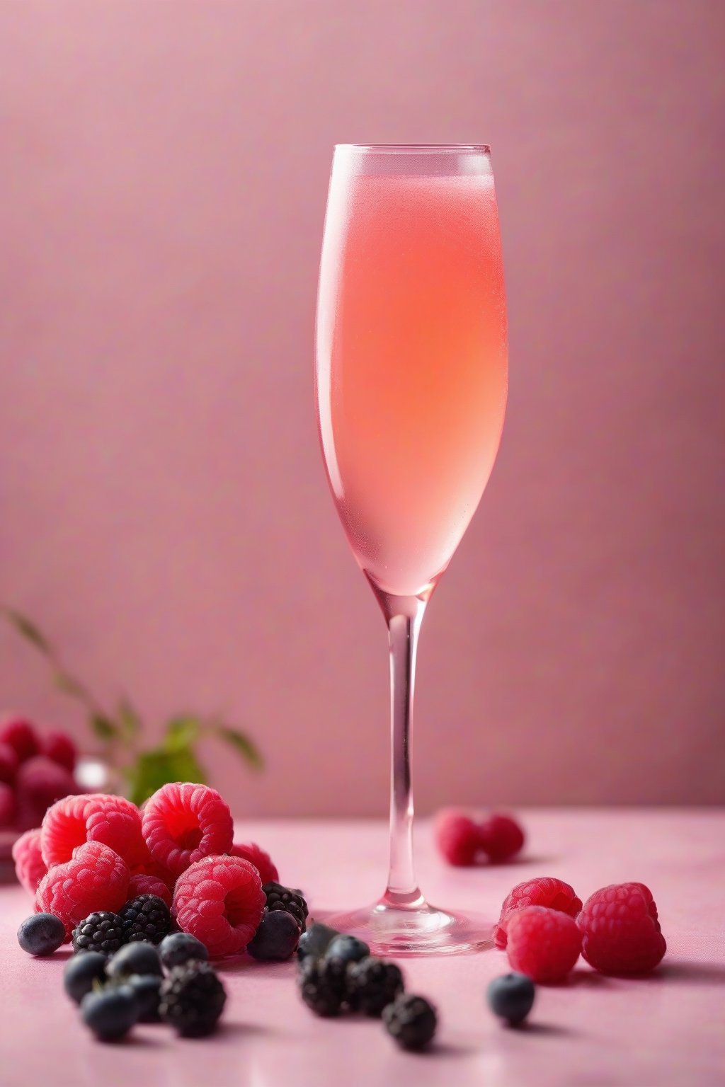 A high-resolution photo of a pink raspberry rosé mimosa dotted with fresh berries, under soft lighting.