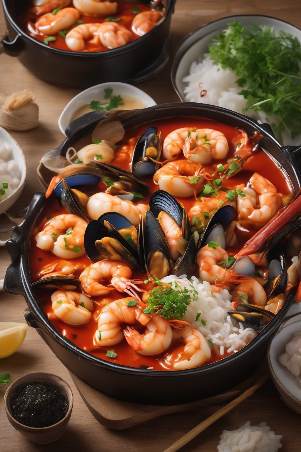 A high-resolution photo of seafood tteokbokki brimming with shrimp, squid, and mussels nestled among glossy chewy rice cakes in red sauce, fresh herbs scattered, under soft lighting.