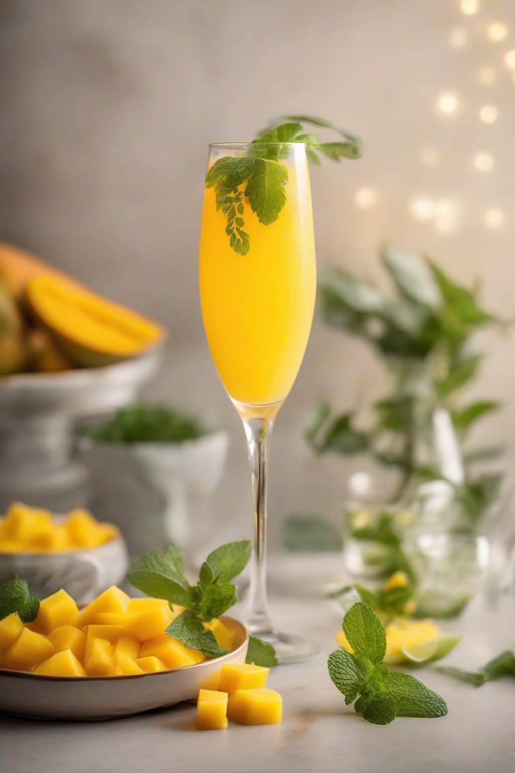 A high-resolution photo of a sunny mango ginger mimosa with mint sprig and diced mango, under soft lighting.