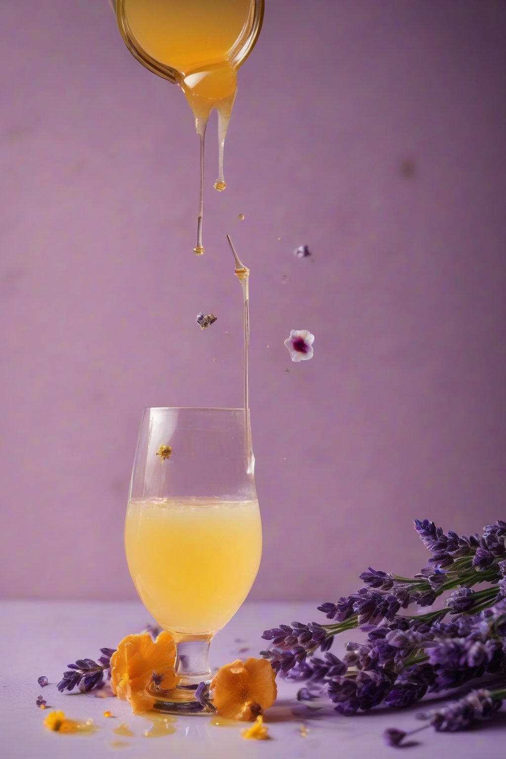 A high-resolution photo of a lavender-infused mimosa with honey drizzle and edible flower atop, under soft lighting.