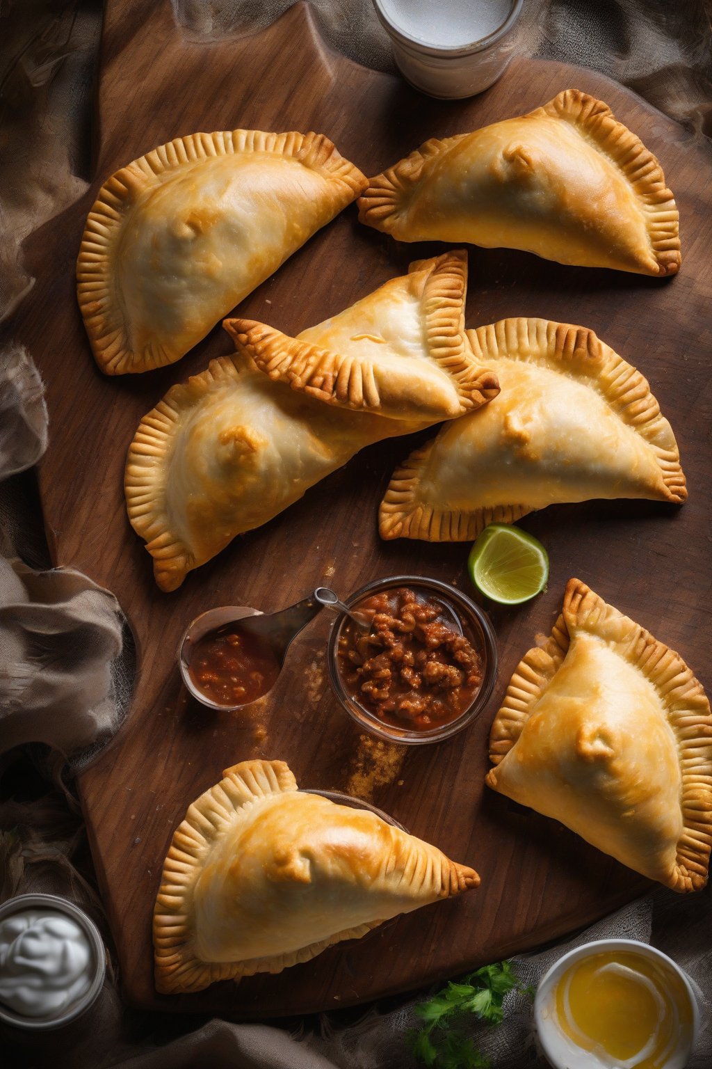 A high-resolution photo of golden flaky beef empanadas on a wooden board, steam rising, under soft lighting.