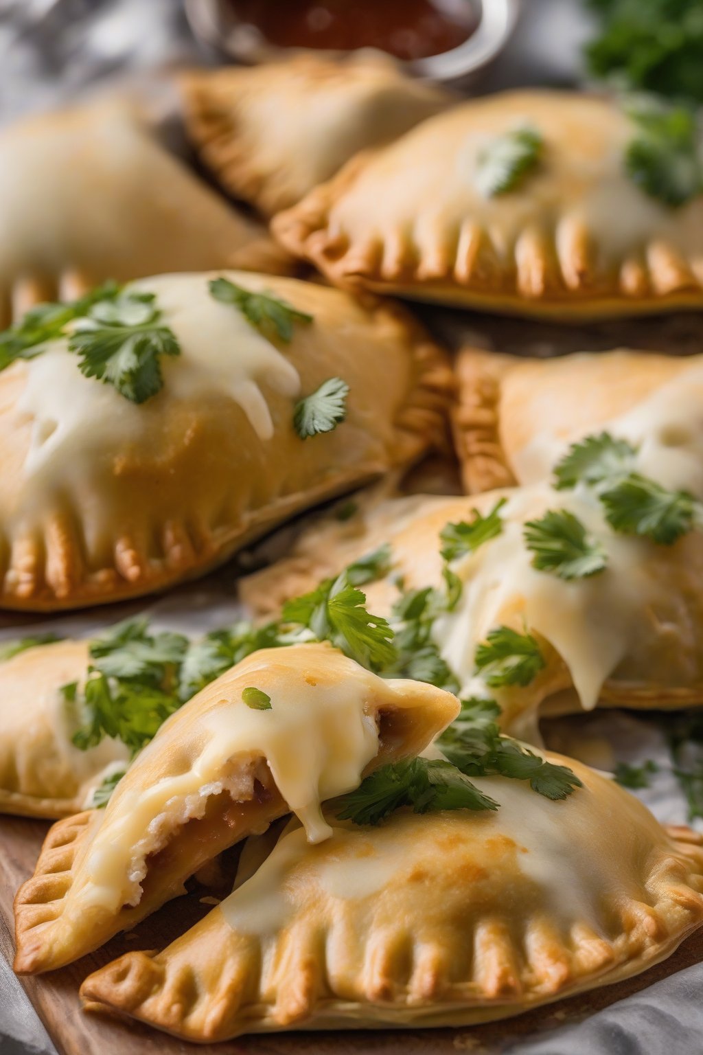A close-up photo of flaky chicken empanadas oozing melted cheese, garnished with cilantro, under soft lighting.