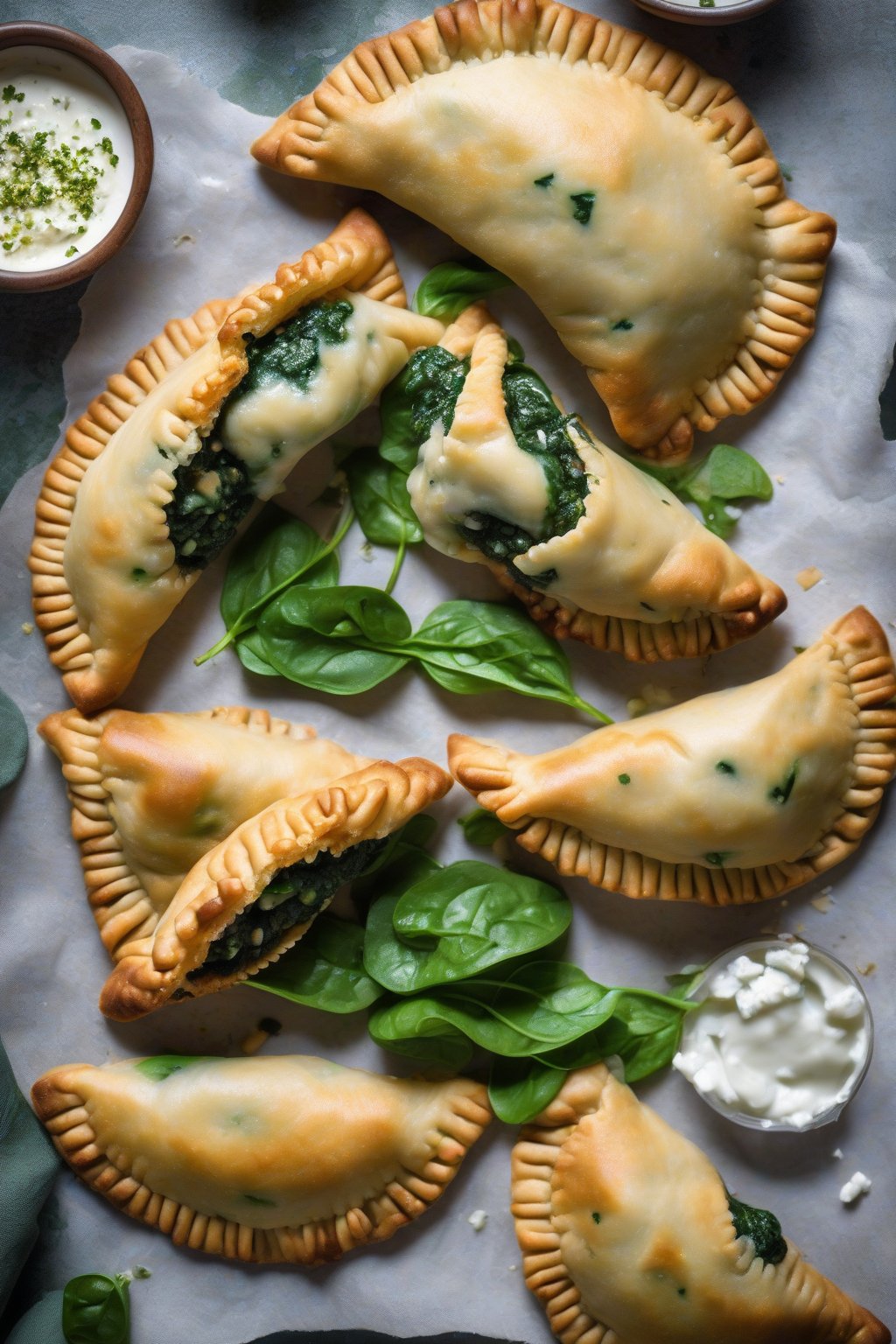 A high-resolution photo of spinach feta empanadas with crispy edges and green flecks peeking out, under soft lighting.
