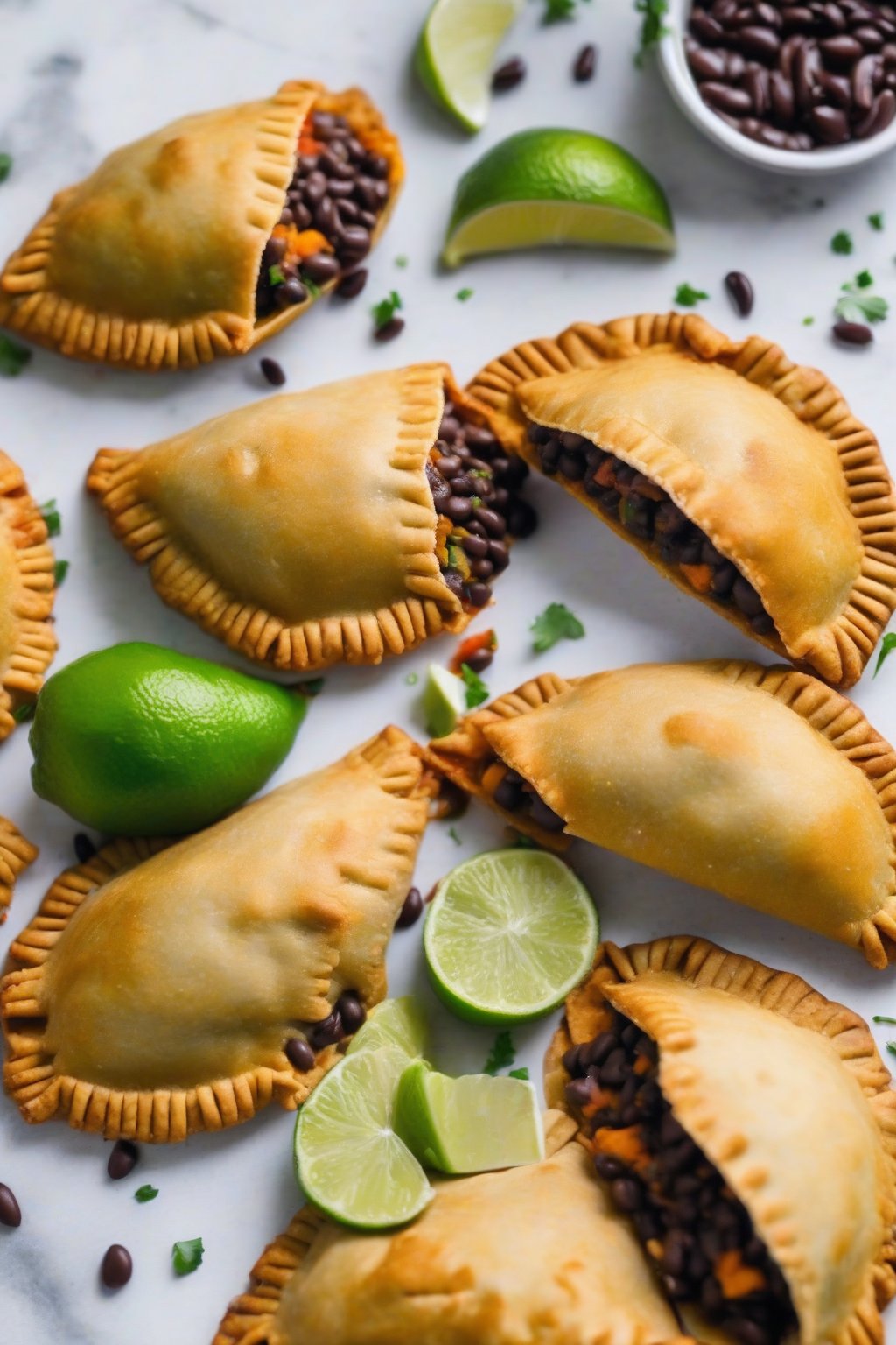 A close-up photo of vibrant orange sweet potato black bean empanadas, lime wedge nearby, under soft lighting.