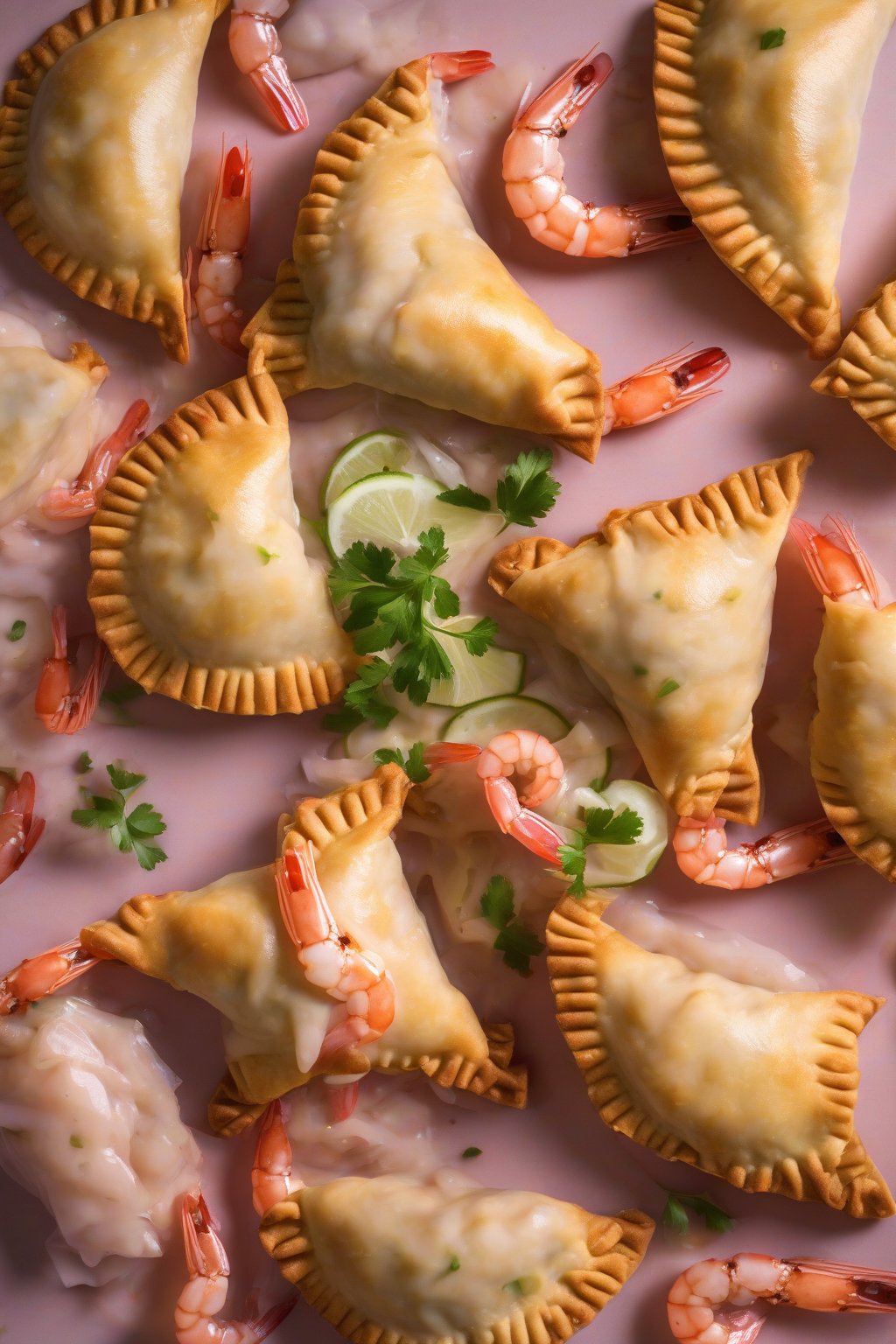 A high-resolution photo of shrimp empanadas with glossy shells and pink shrimp visible inside, under soft lighting.