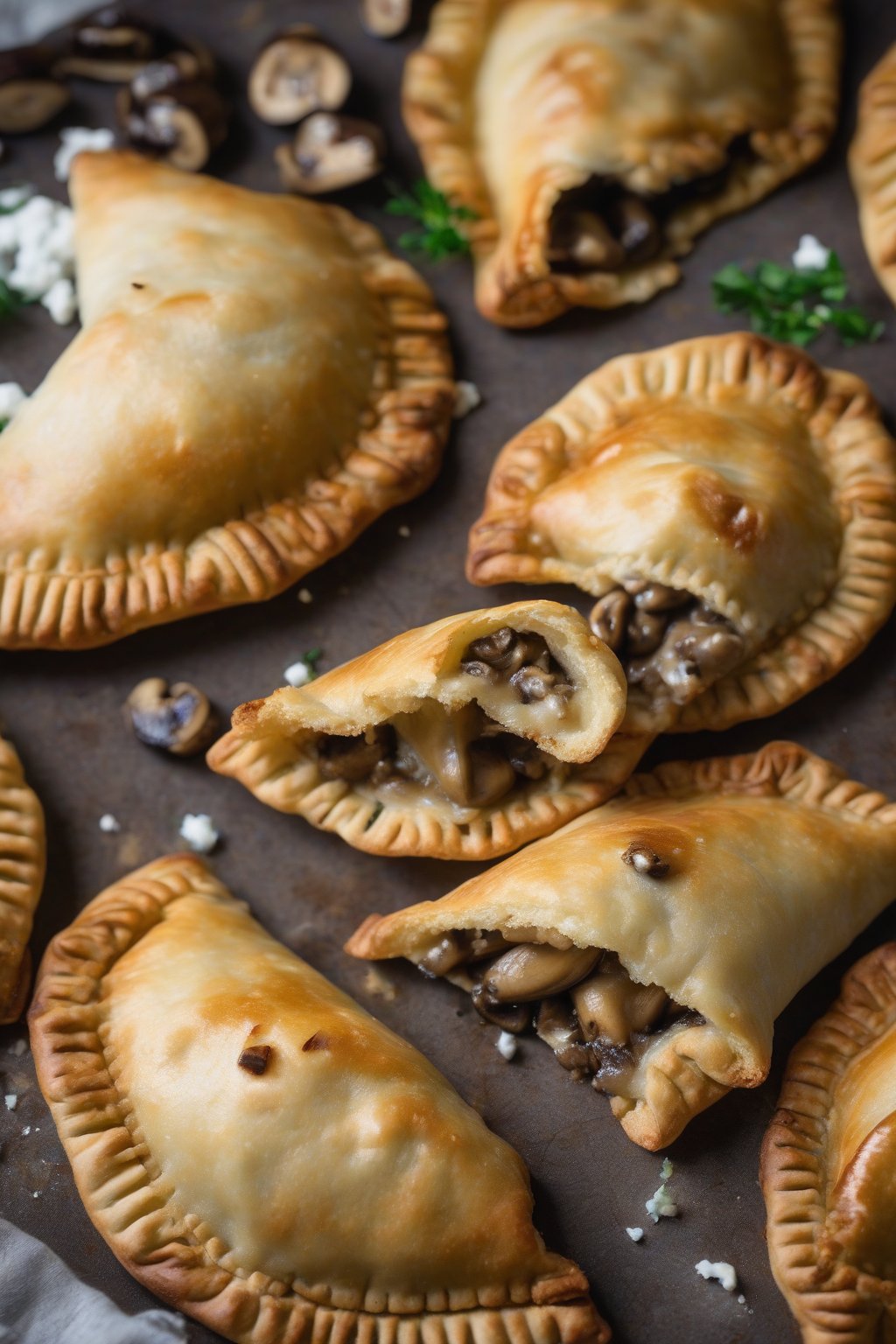 A close-up photo of mushroom goat cheese empanadas with browned flaky crusts, under soft lighting.