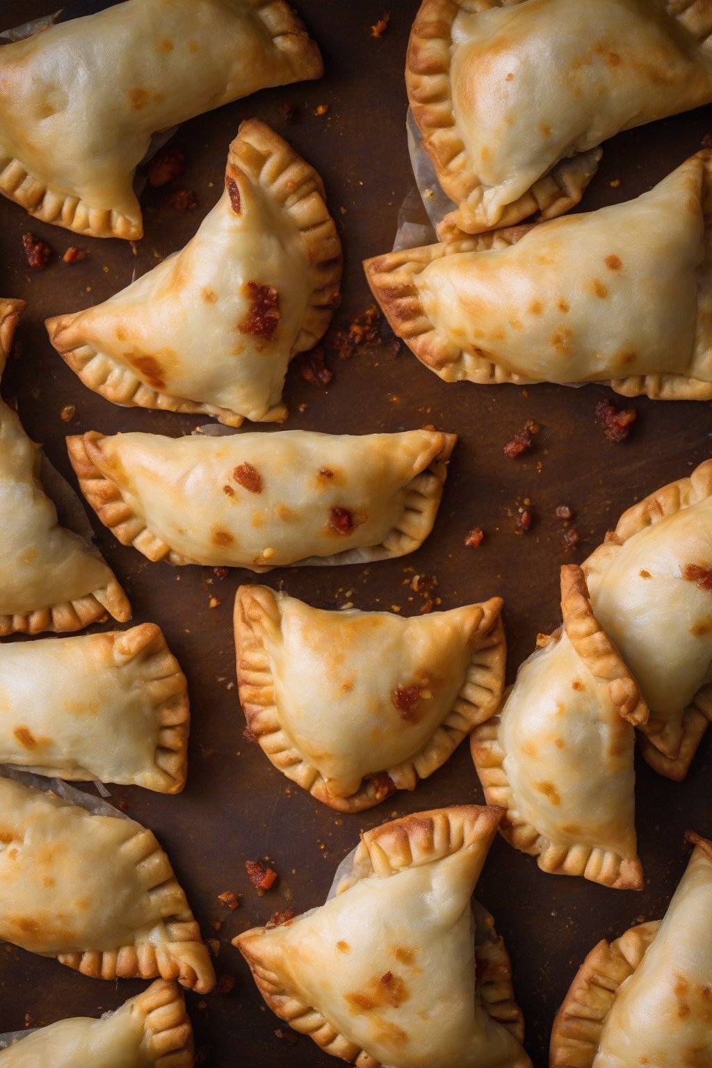 A high-resolution photo of chorizo potato empanadas sliced open showing spiced filling, under soft lighting.
