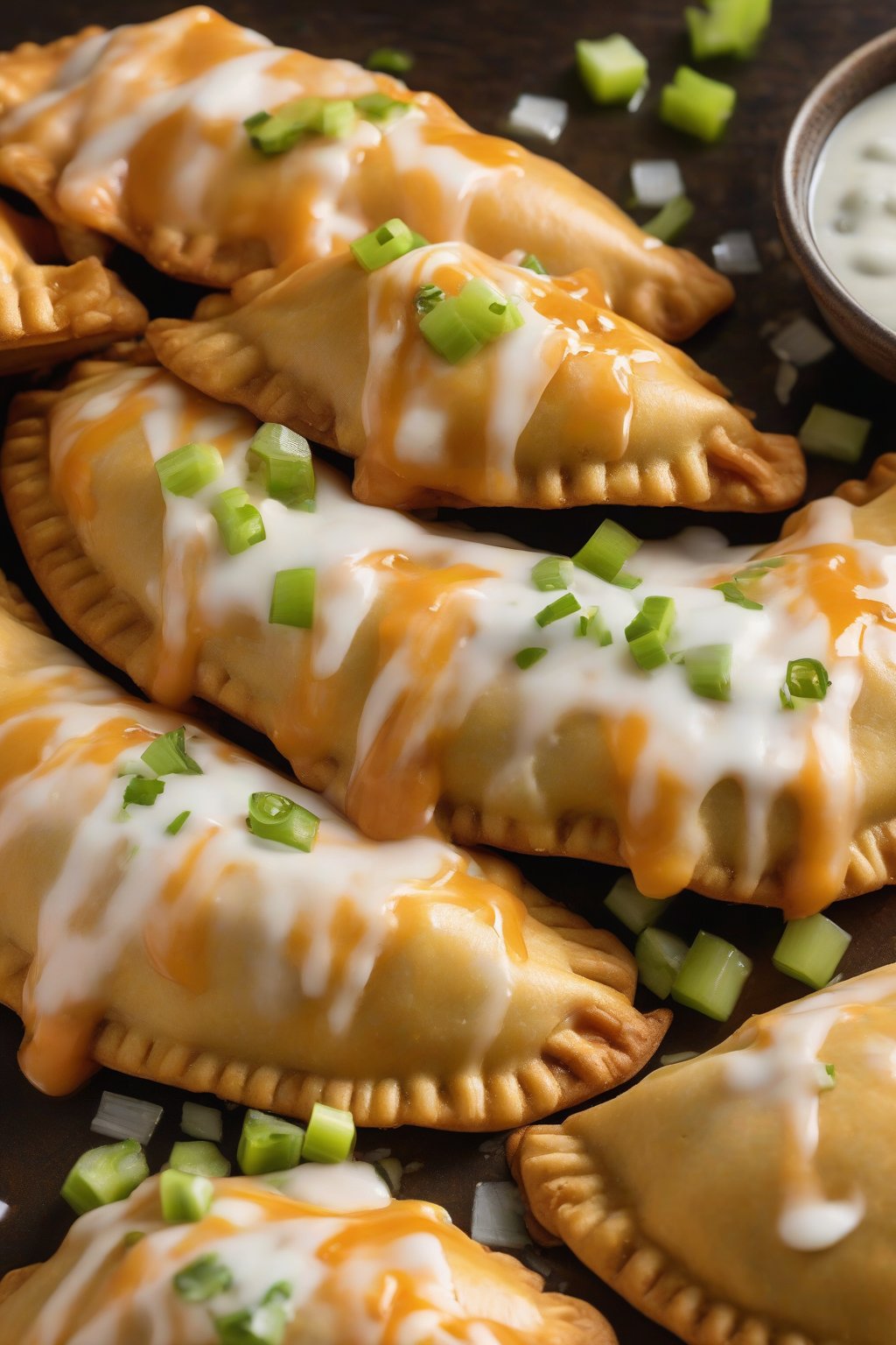 A close-up photo of buffalo chicken empanadas drizzled with sauce, celery bits on top, under soft lighting.