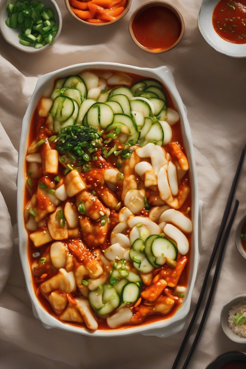 A high-resolution photo of vibrant vegan tteokbokki with colorful carrot and zucchini slices around plump chewy rice cakes in spicy sauce, steam rising, under soft lighting.