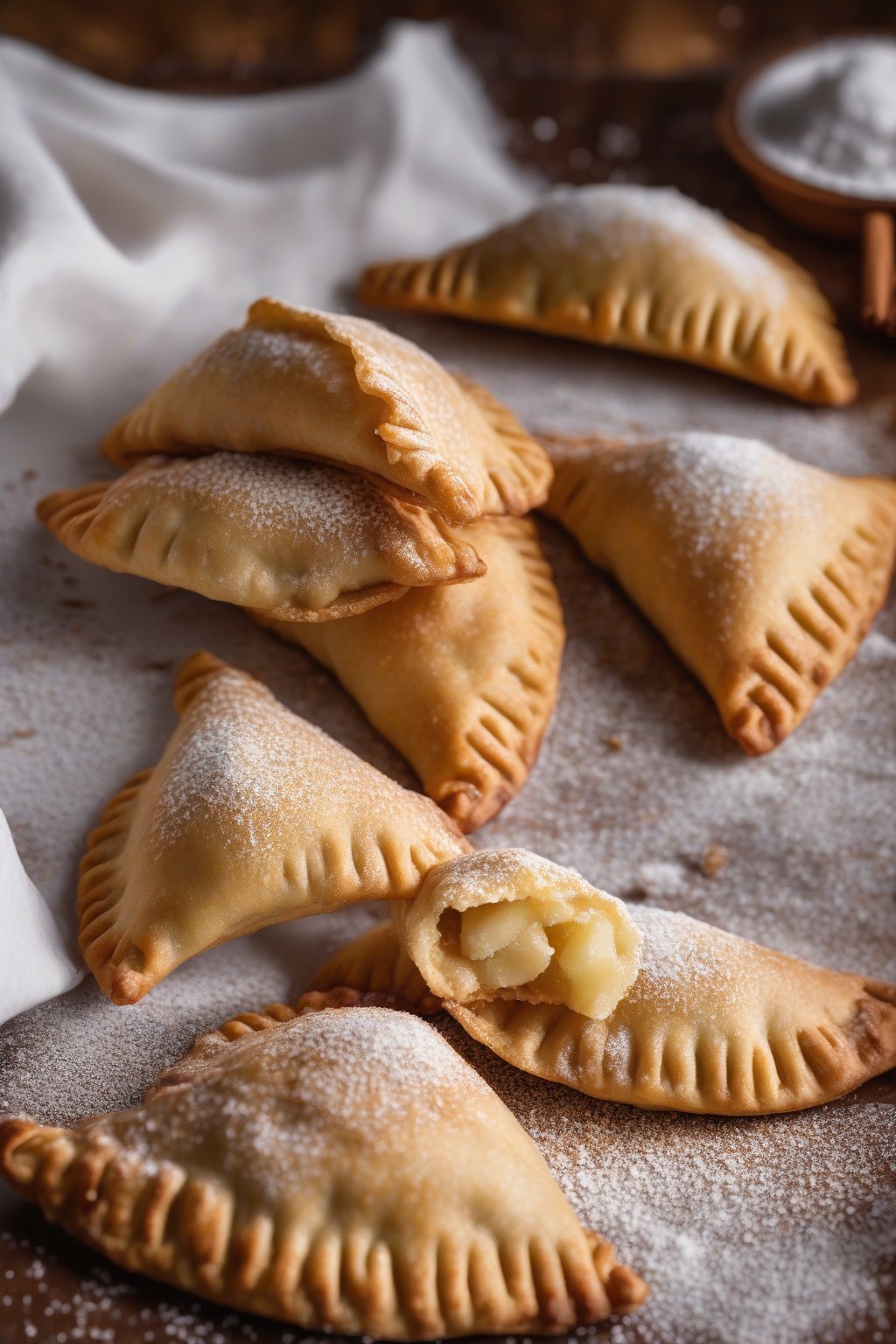 A high-resolution photo of golden apple cinnamon empanadas with powdered sugar dusting, under soft lighting.