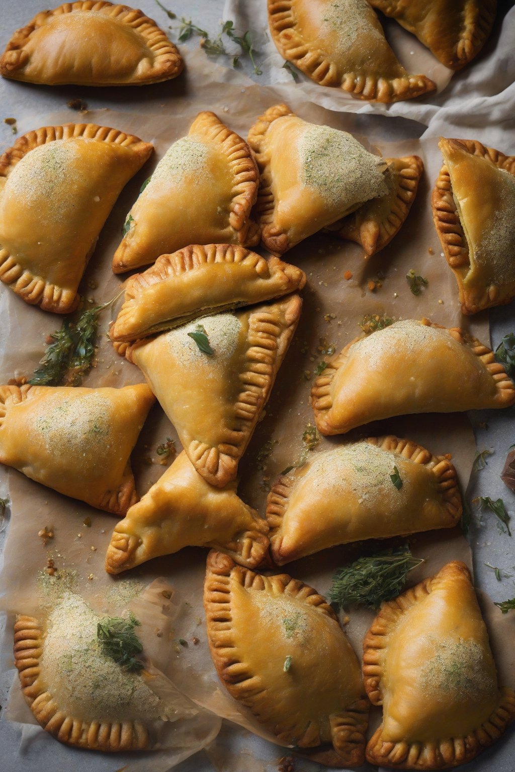 A close-up photo of pumpkin empanadas with herb flecks and flaky layers, under soft lighting.