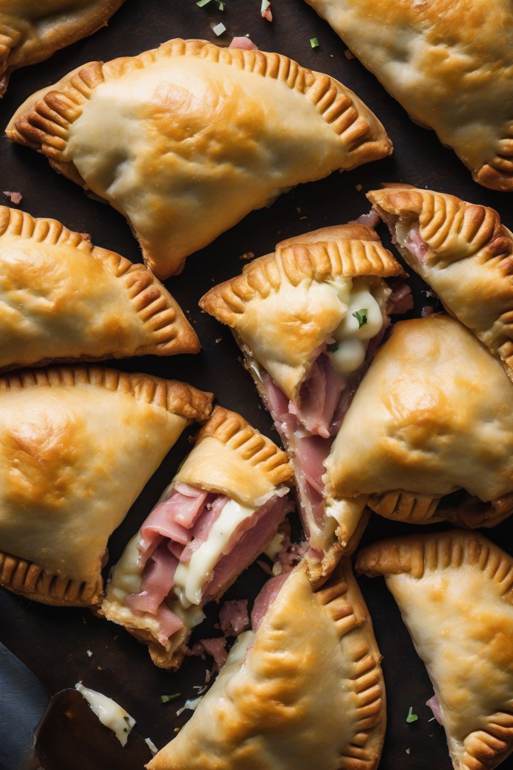 A high-resolution photo of ham Swiss empanadas cut to show melty cheese pull, under soft lighting.