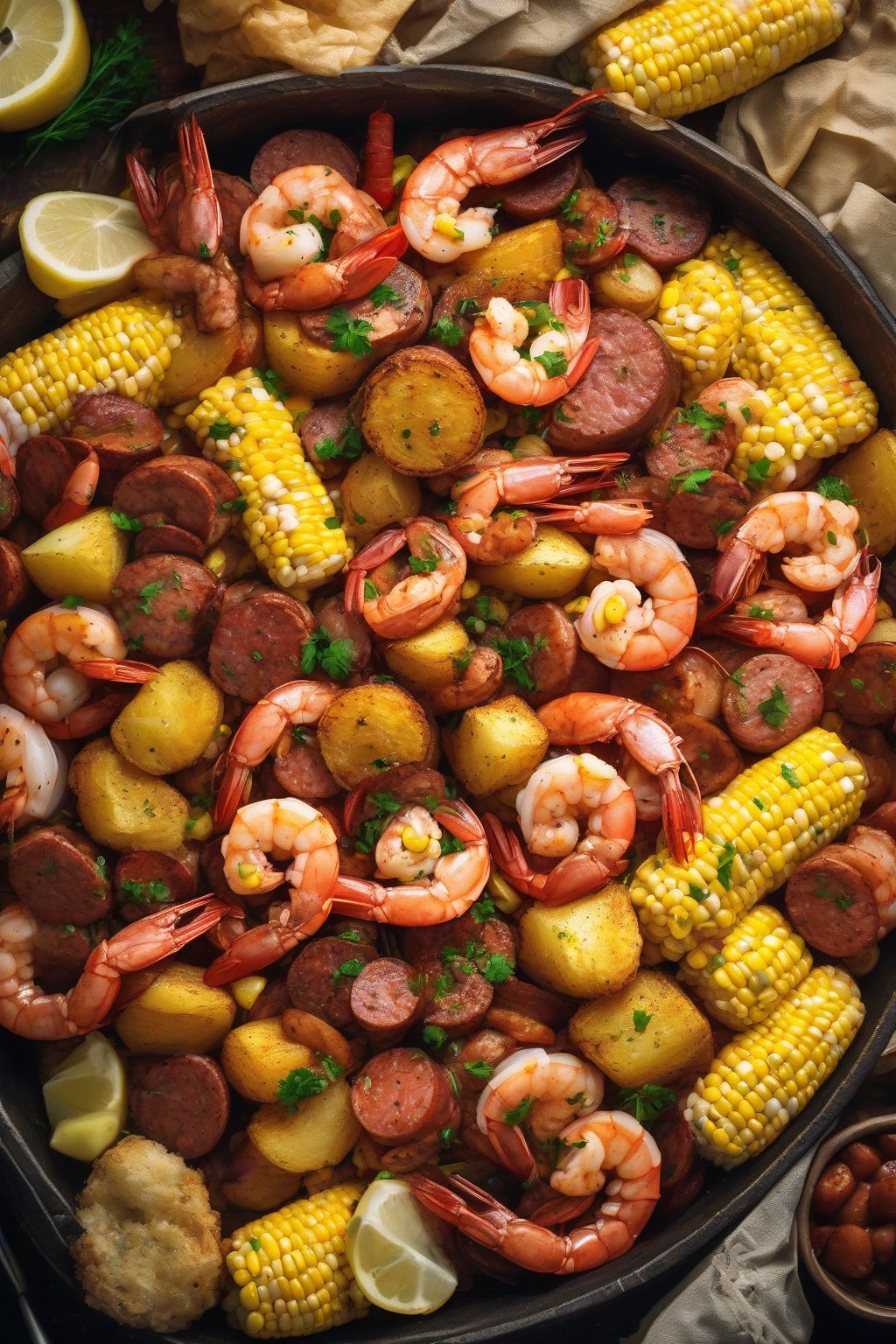A high-resolution photo of a colorful classic Cajun shrimp boil piled high with shrimp, sausage, corn, and potatoes under soft lighting.