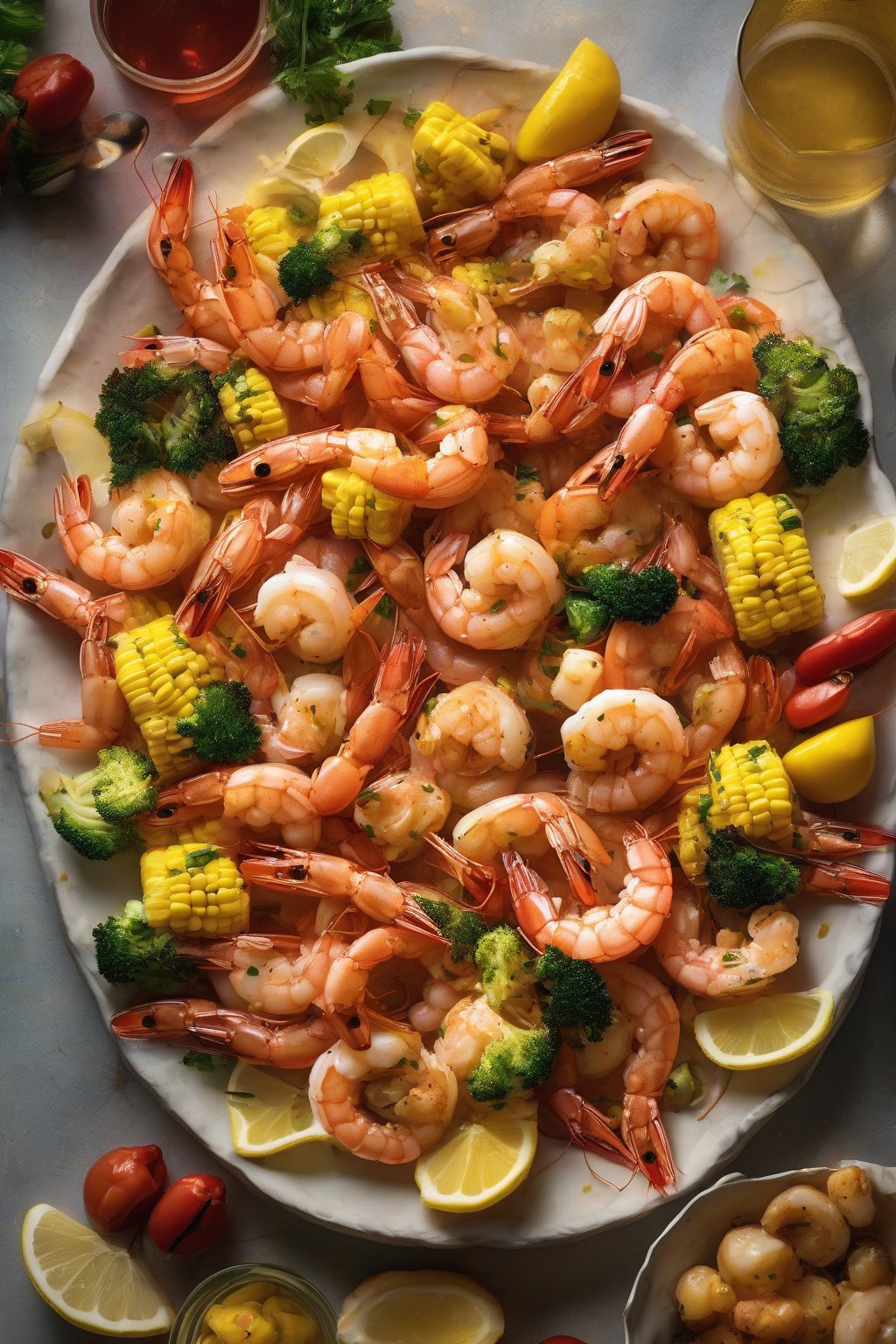 A high-resolution photo of garlic butter-drizzled shrimp boil with golden shrimp and glossy veggies under soft lighting.