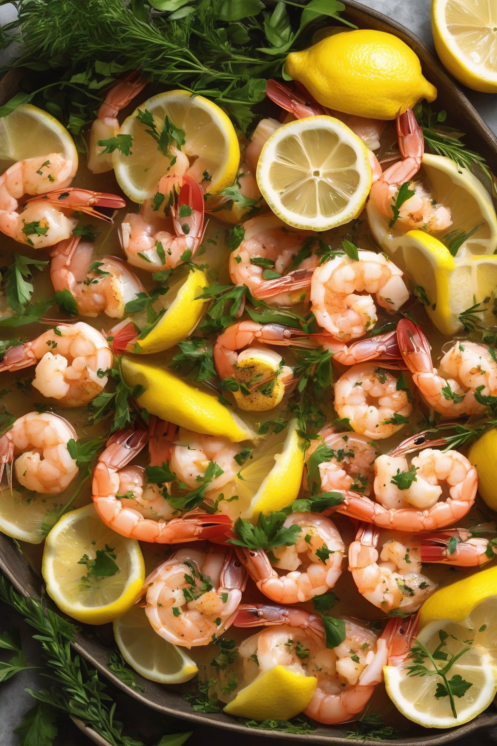 A high-resolution photo of lemon herb shrimp boil garnished with fresh greenery and lemon slices under soft lighting.