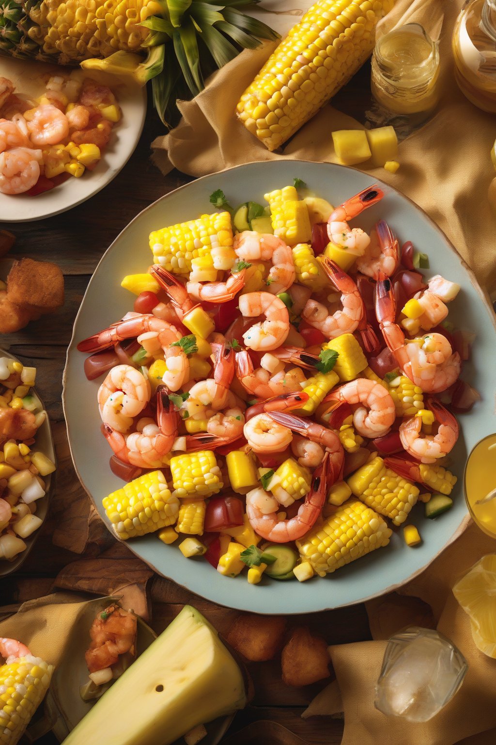 A high-resolution photo of tropical shrimp boil with pineapple chunks and colorful corn under soft lighting.