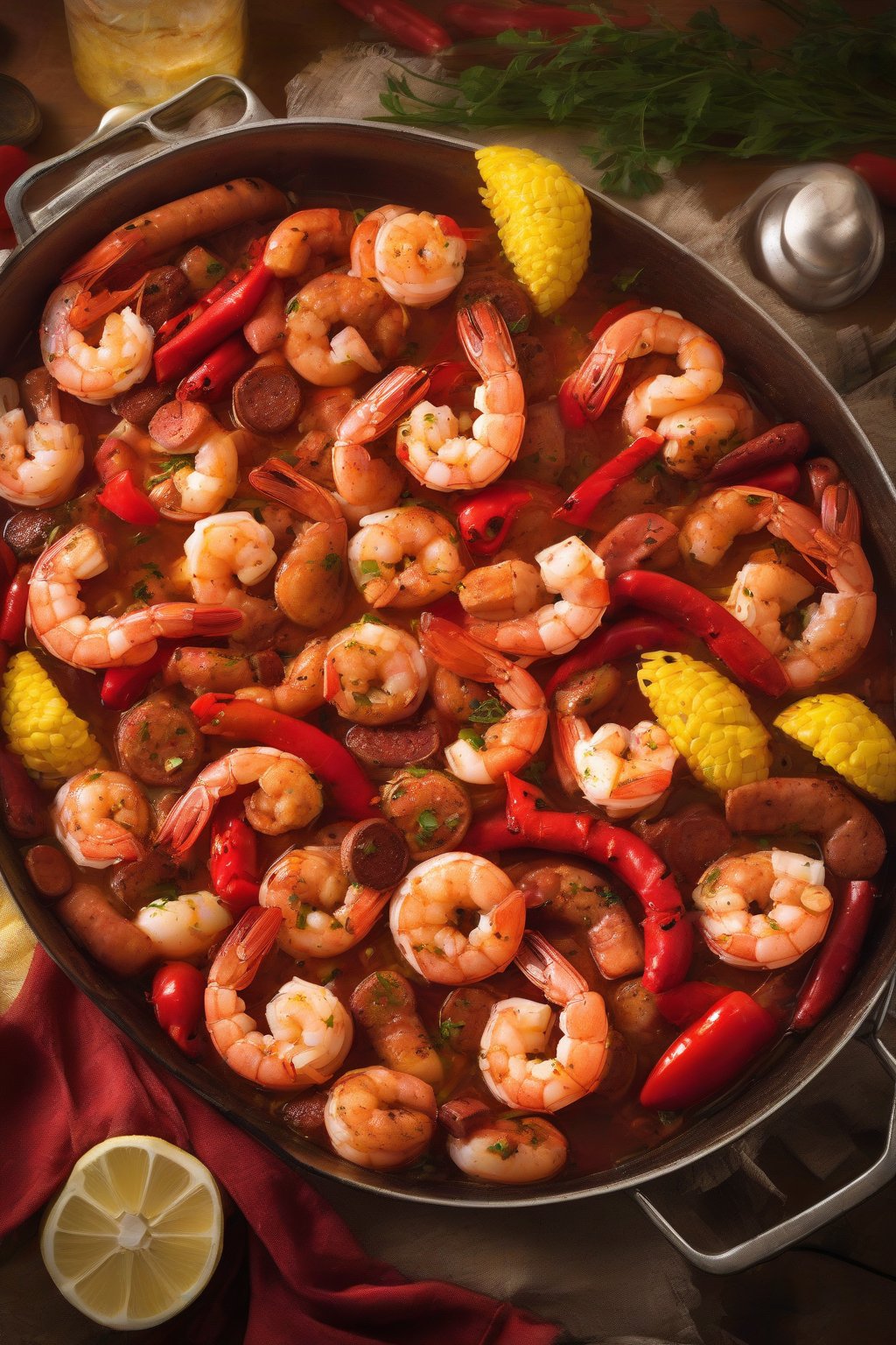 A high-resolution photo of spicy shrimp boil steaming with red peppers and sausage under soft lighting.