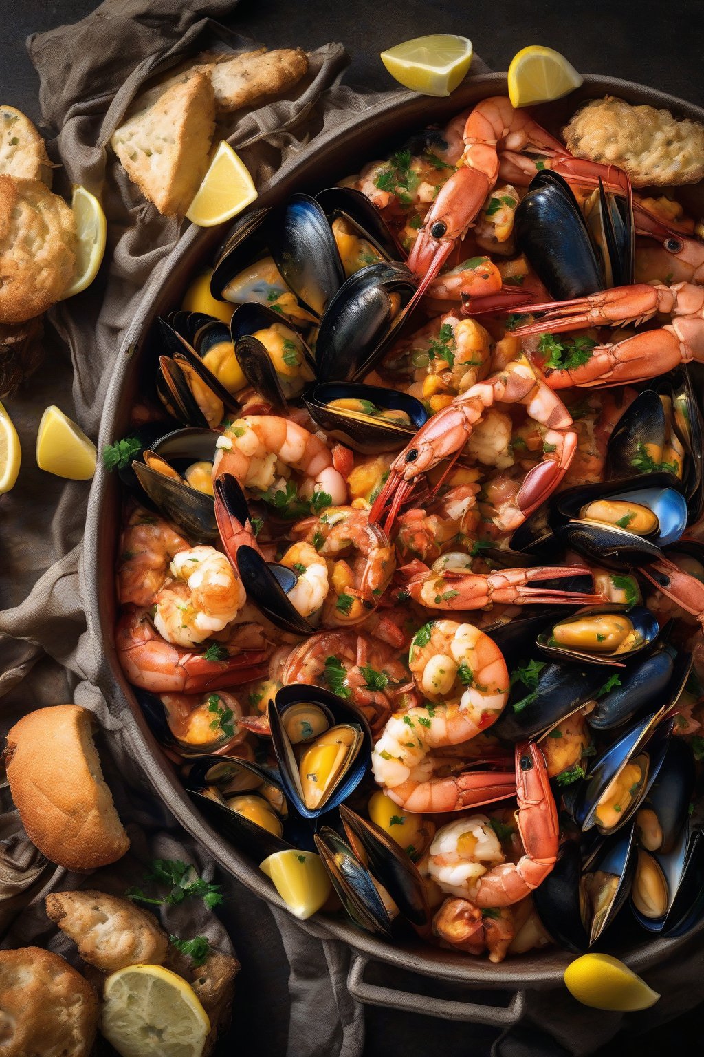 A high-resolution photo of smoky seafood shrimp boil with mussels and crab under soft lighting.