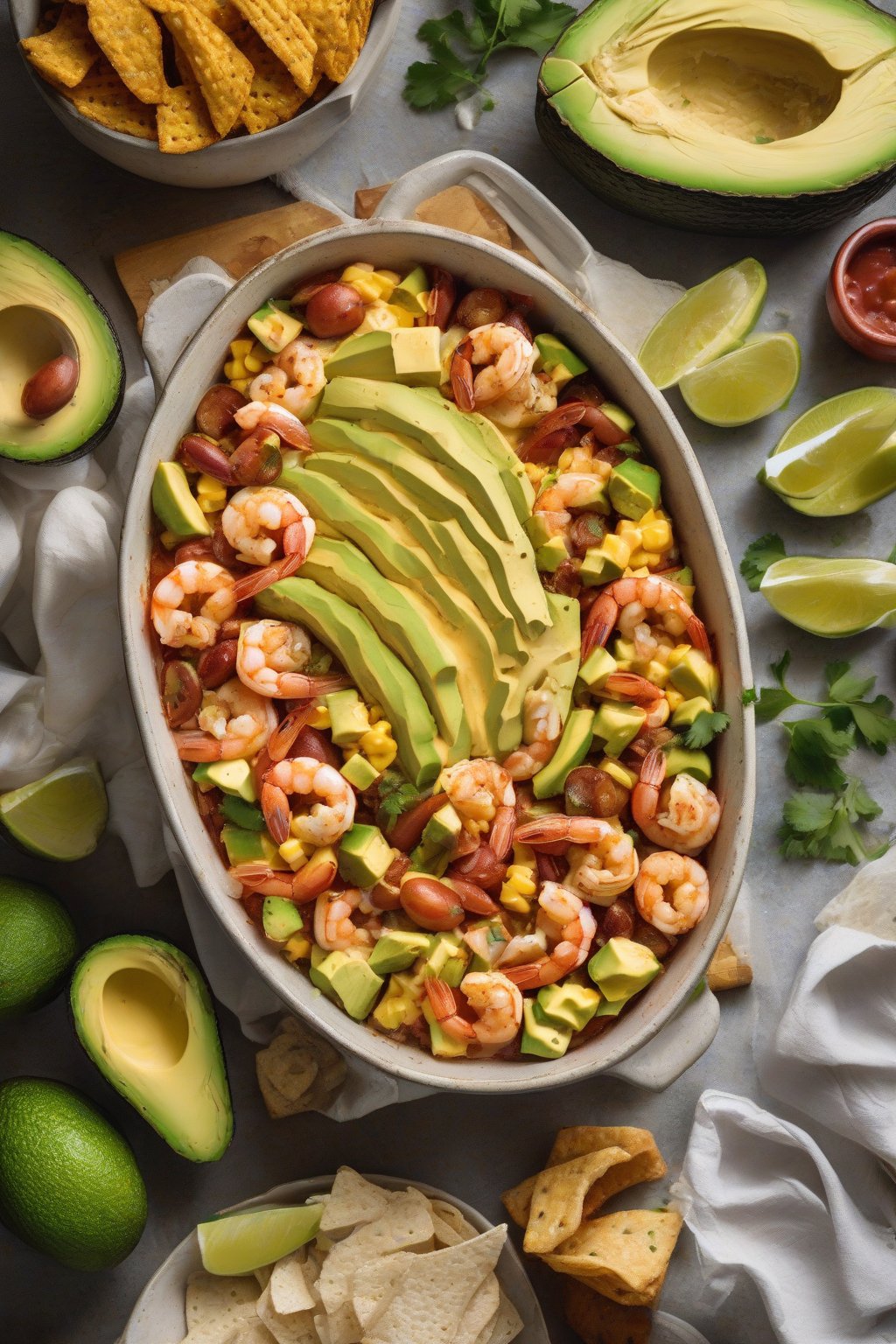 A high-resolution photo of Mexican shrimp boil topped with avocado and cheese under soft lighting.