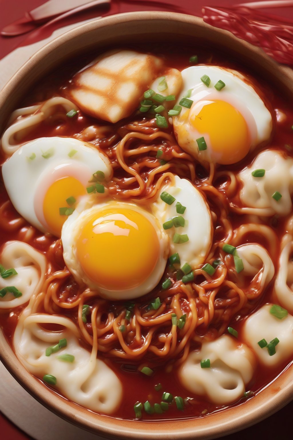 A high-resolution photo of ramen-tteokbokki hybrid with wavy noodles tangled around chewy rice cakes in thick red sauce, topped with a jammy egg, under soft lighting.