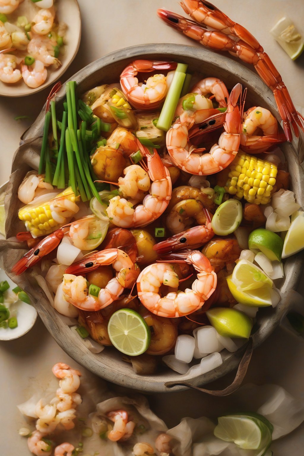 A high-resolution photo of Asian-inspired shrimp boil with ginger and green onions under soft lighting.