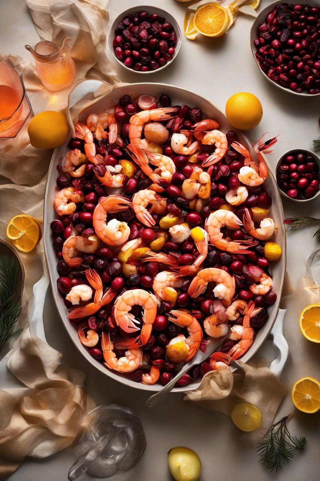 A high-resolution photo of cranberry-infused holiday shrimp boil with orange accents under soft lighting.