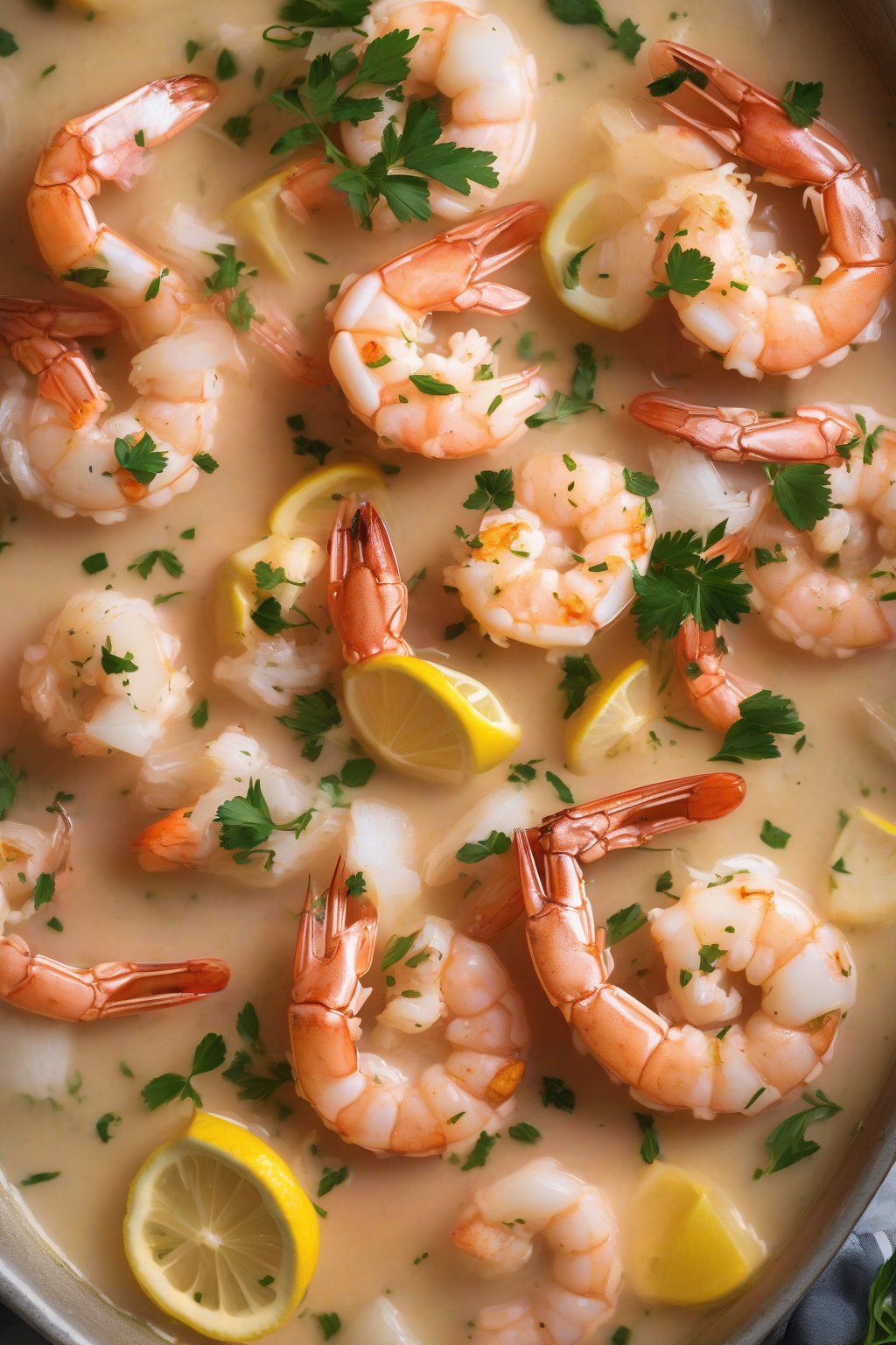 A high-resolution photo of creamy coconut shrimp boil bubbling with herbs under soft lighting.