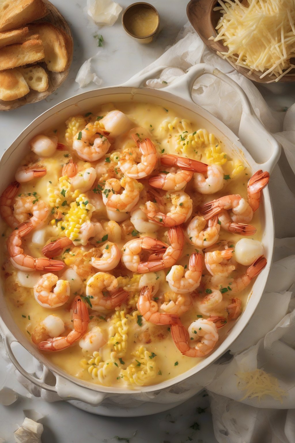 A high-resolution photo of cheesy Parmesan shrimp boil with melted cheese strands under soft lighting.
