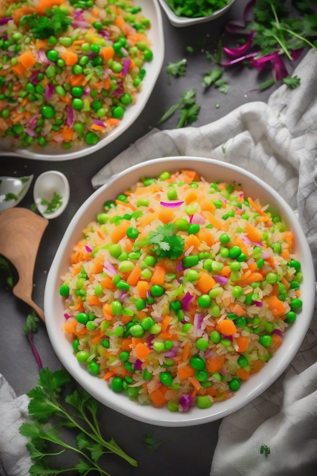 A high-resolution photo of vibrant vegetable poha with colorful diced carrots and peas, served in a white bowl under soft lighting.