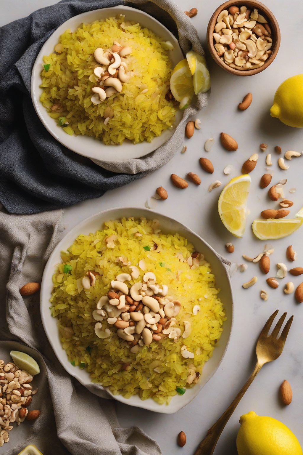 A high-resolution photo of bright yellow lemon peanut poha topped with crushed peanuts and lemon slices, under soft lighting.