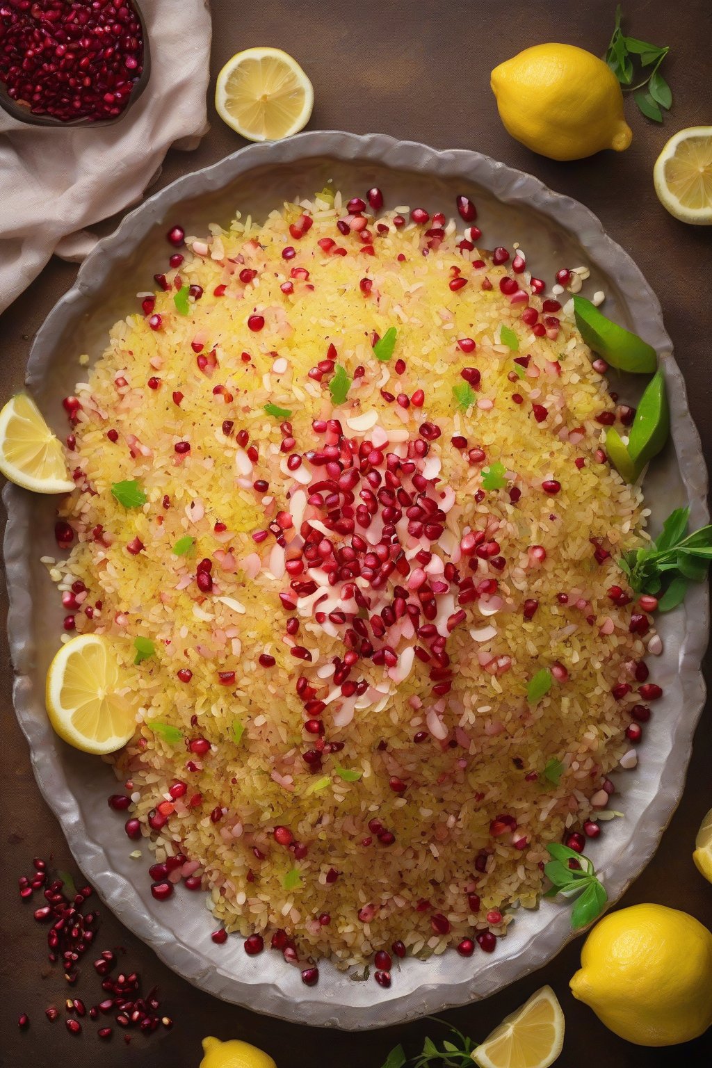 A high-resolution photo of Indori poha piled high with sev and pomegranate arils, drizzled with lemon under soft lighting.