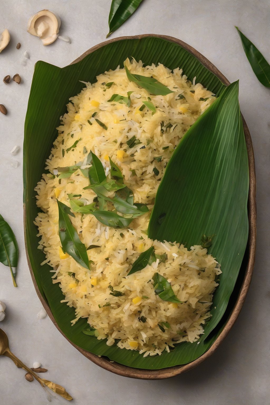A high-resolution photo of creamy coconut poha flecked with curry leaves and grated coconut, in a banana leaf bowl under soft lighting.