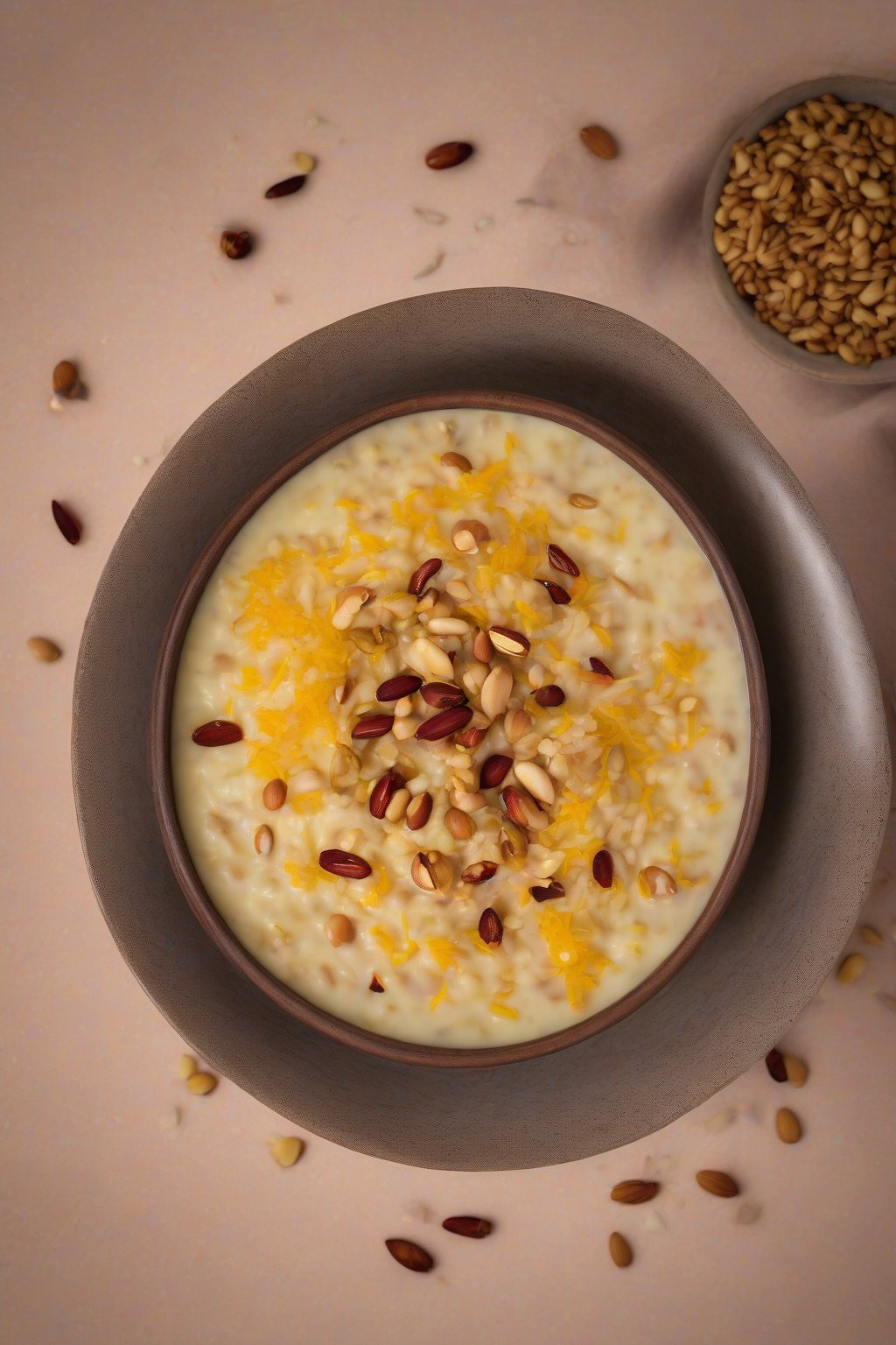 A high-resolution photo of smooth sweet poha kheer topped with saffron strands and chopped nuts, in a clay bowl under soft lighting.