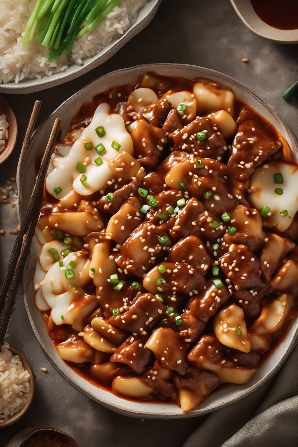 A high-resolution photo of bulgogi tteokbokki with glossy beef slices atop chewy rice cakes in savory sauce, sesame seeds and green onions, under soft lighting.