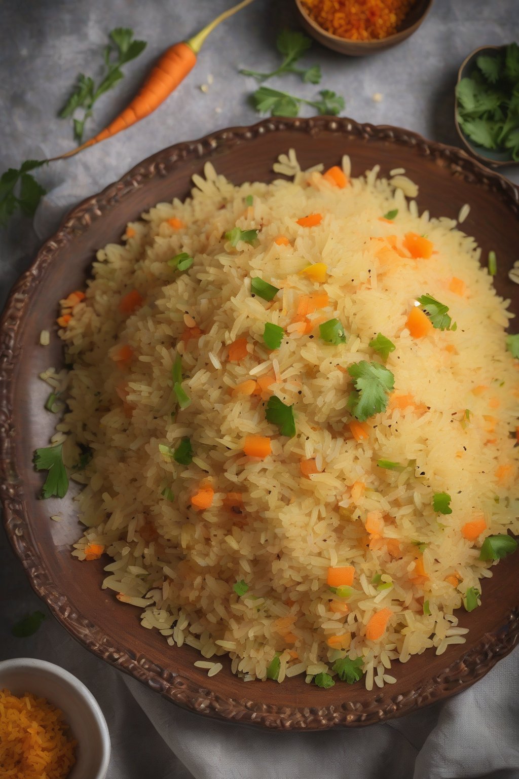 A high-resolution photo of textured poha upma with grated carrots and capsicum bits, steaming fresh under soft lighting.