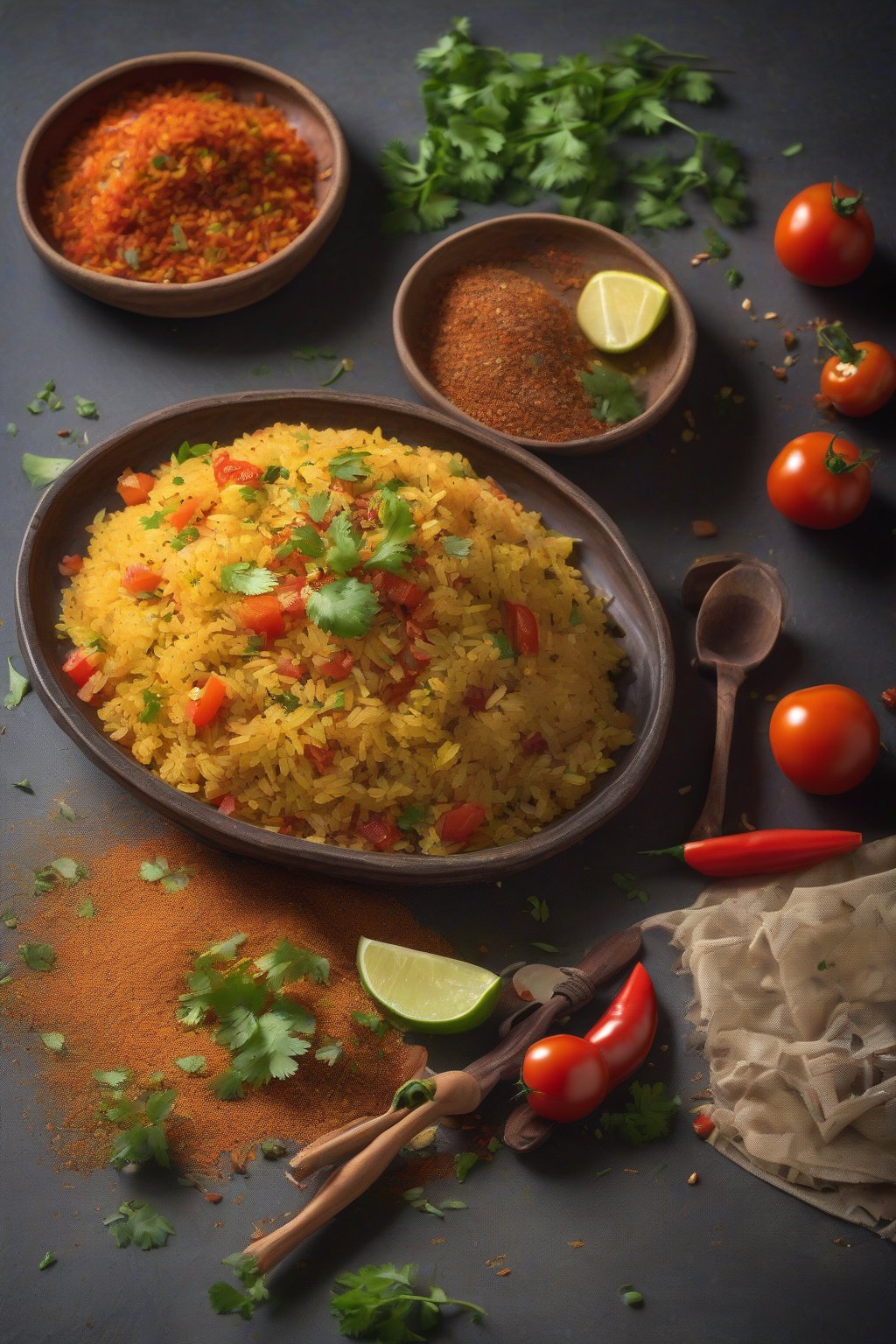 A high-resolution photo of spicy masala poha with tomato chunks and spice dust, garnished with coriander under soft lighting.