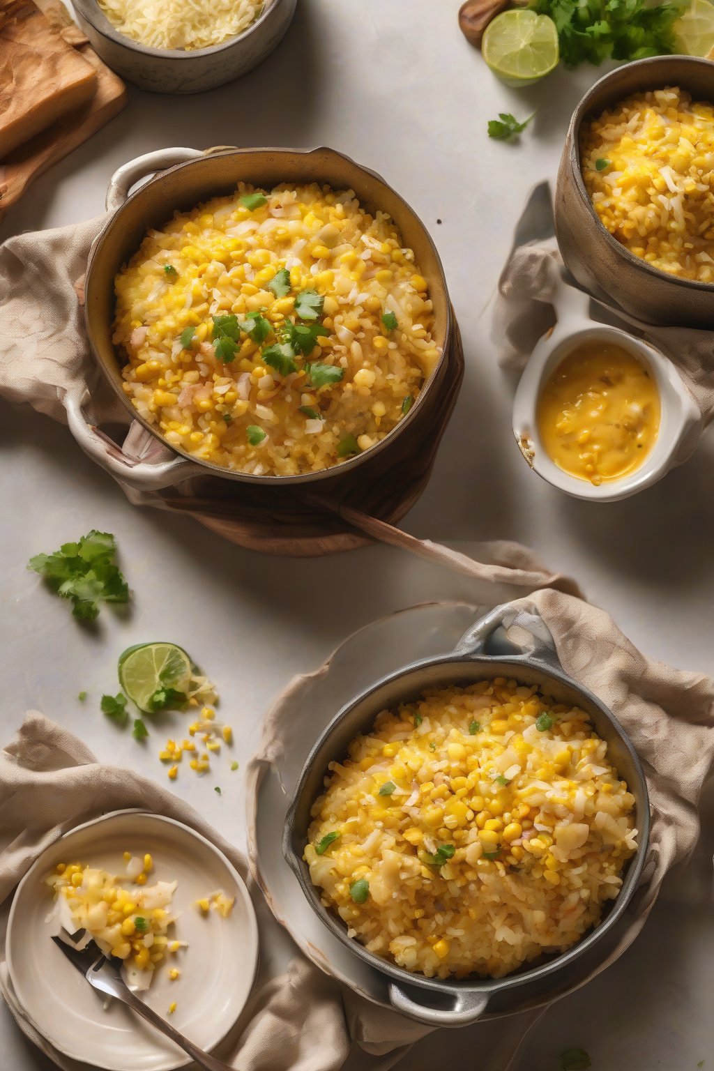 A high-resolution photo of gooey cheese and corn poha with golden melted cheese pull, under soft lighting.