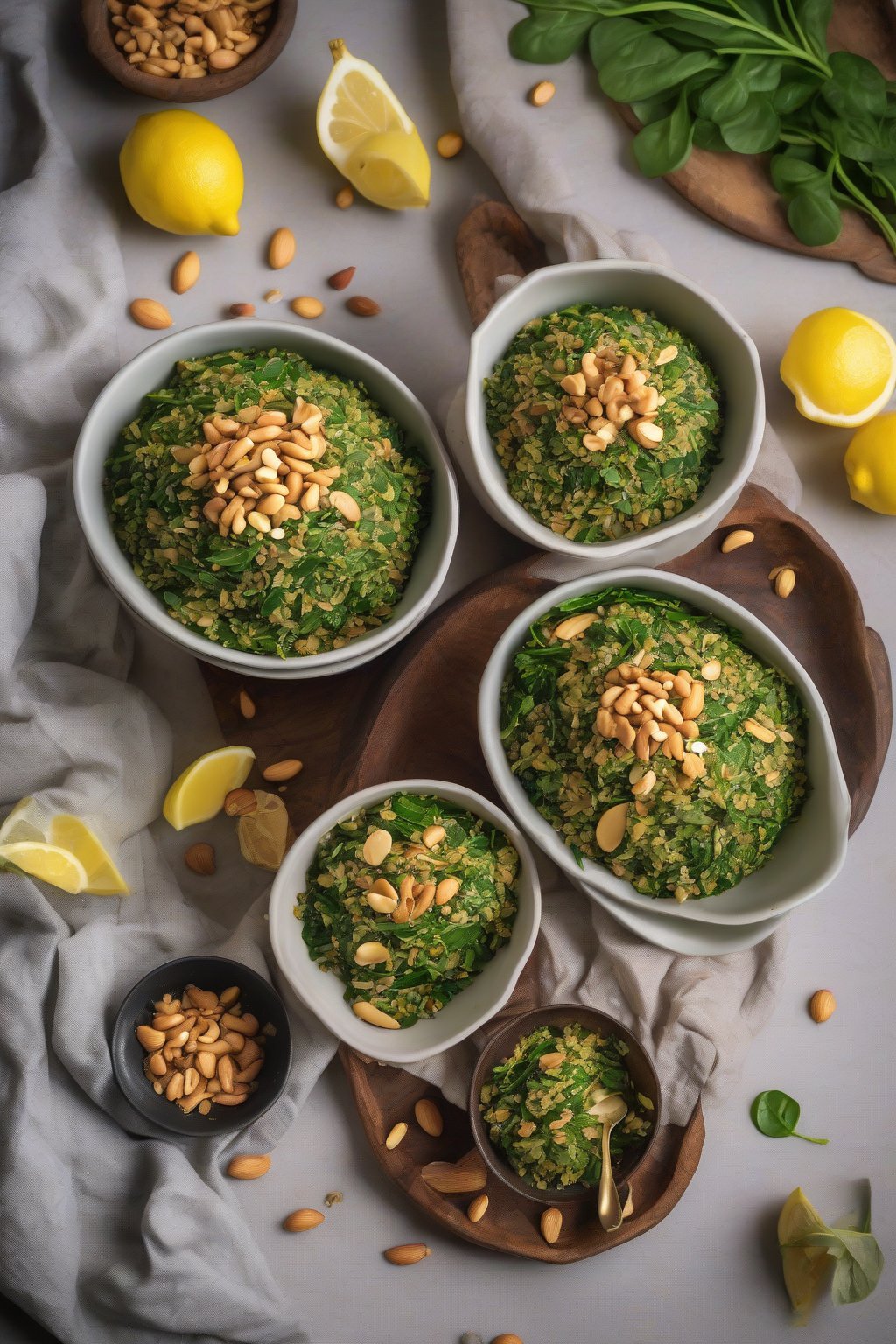A high-resolution photo of green spinach poha with vibrant leaves and peanut crunch, served with lemon wedge under soft lighting.