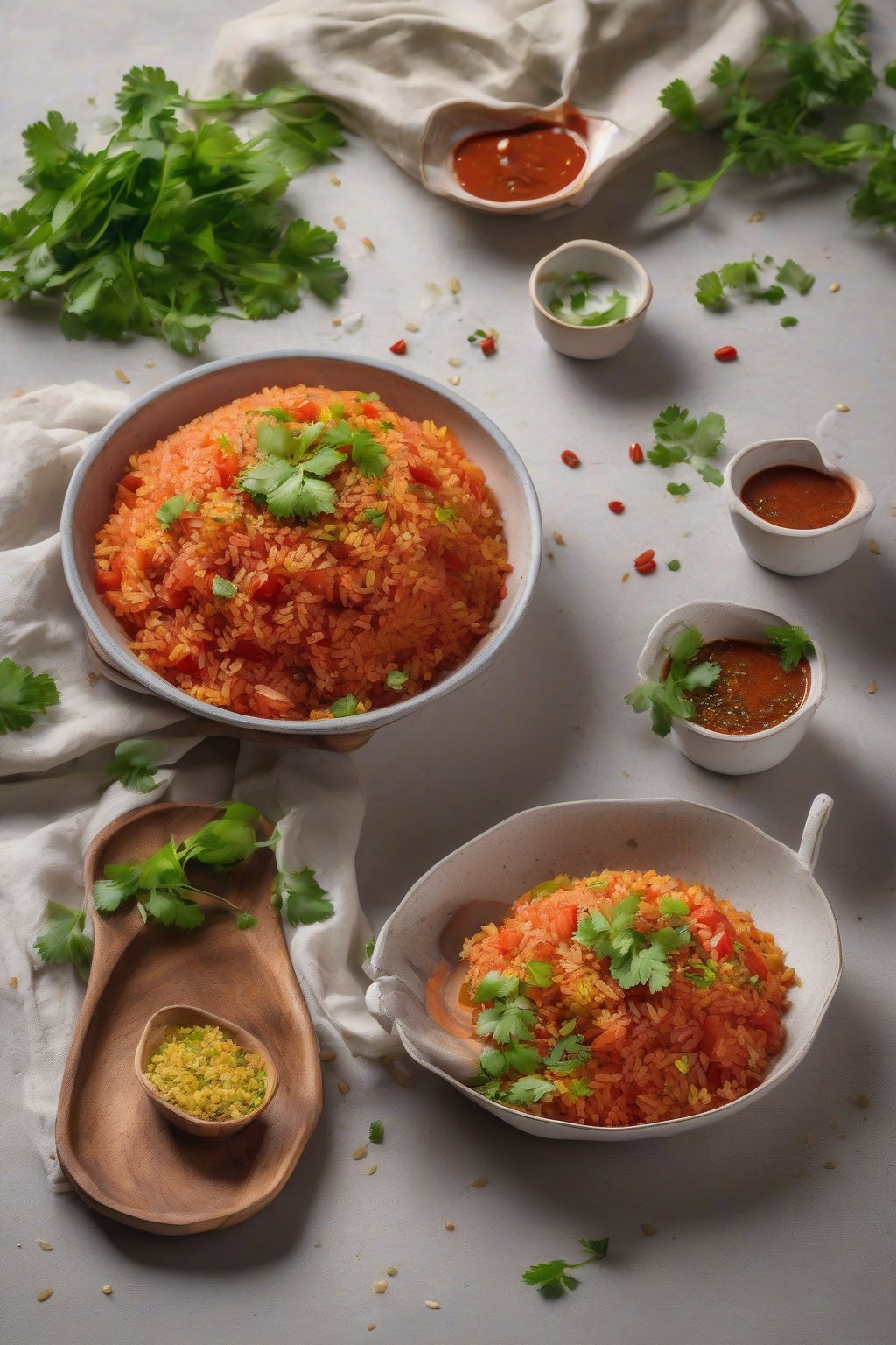 A high-resolution photo of saucy tomato poha with red gravy and fresh coriander sprinkle, under soft lighting.