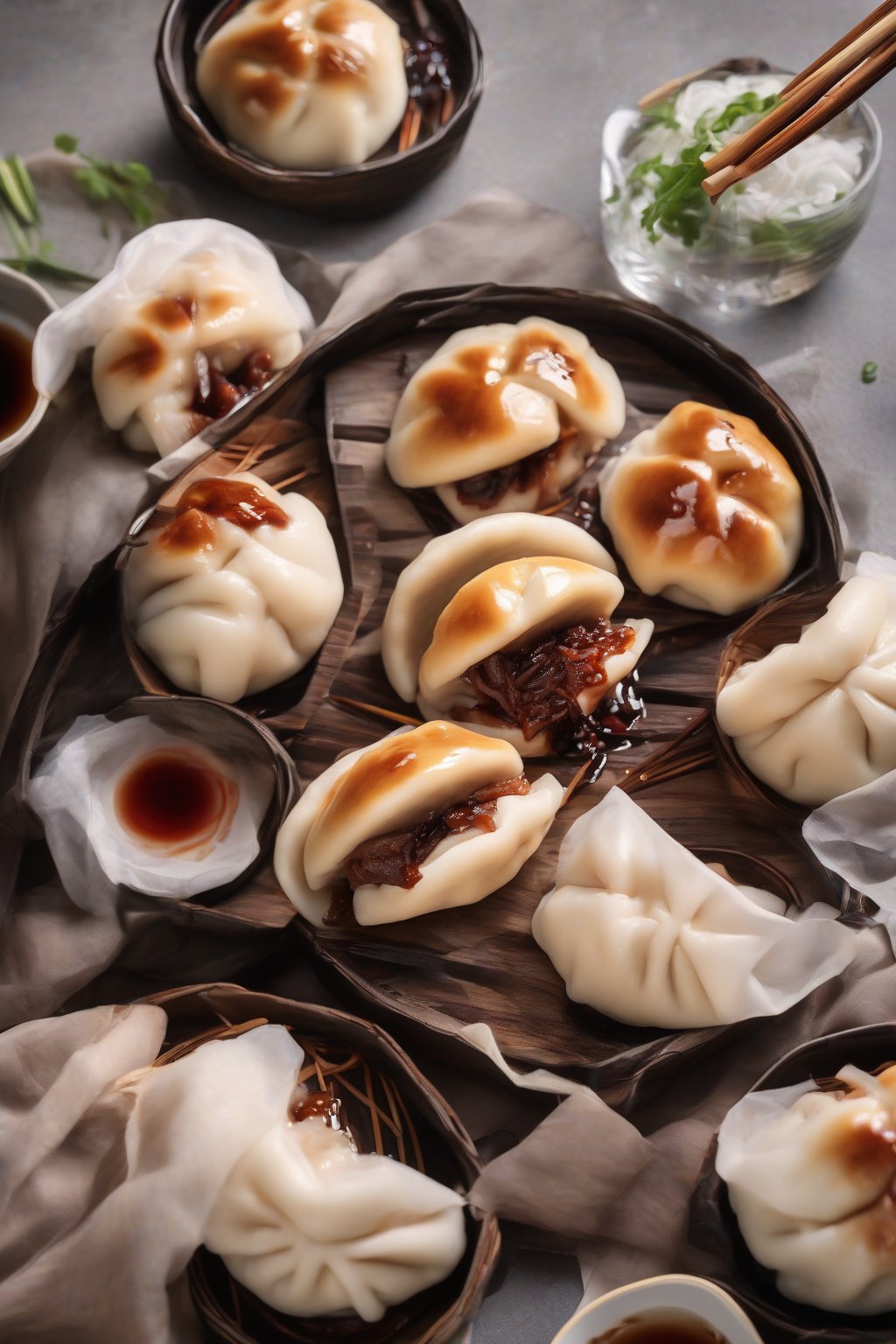 A high-resolution photo of steamed classic char siu pork bao buns, glistening with hoisin drizzle and sliced open to reveal juicy filling, under soft lighting.