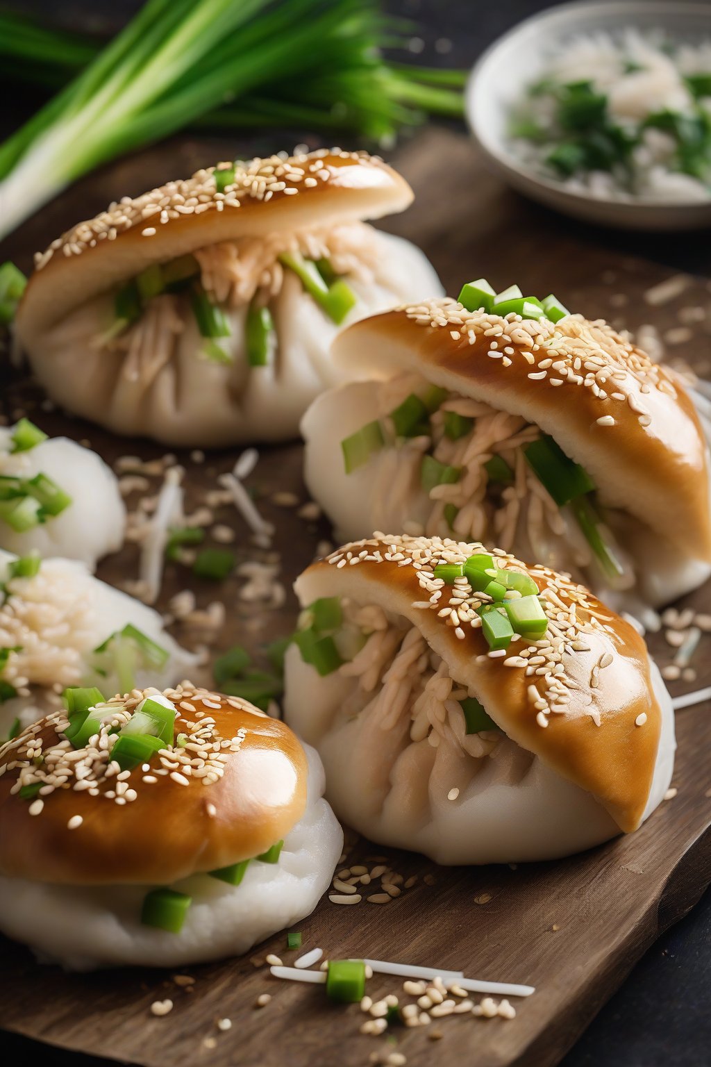 A high-resolution photo of fluffy teriyaki chicken bao buns topped with sesame seeds and green onions, steam rising gently, under soft lighting.