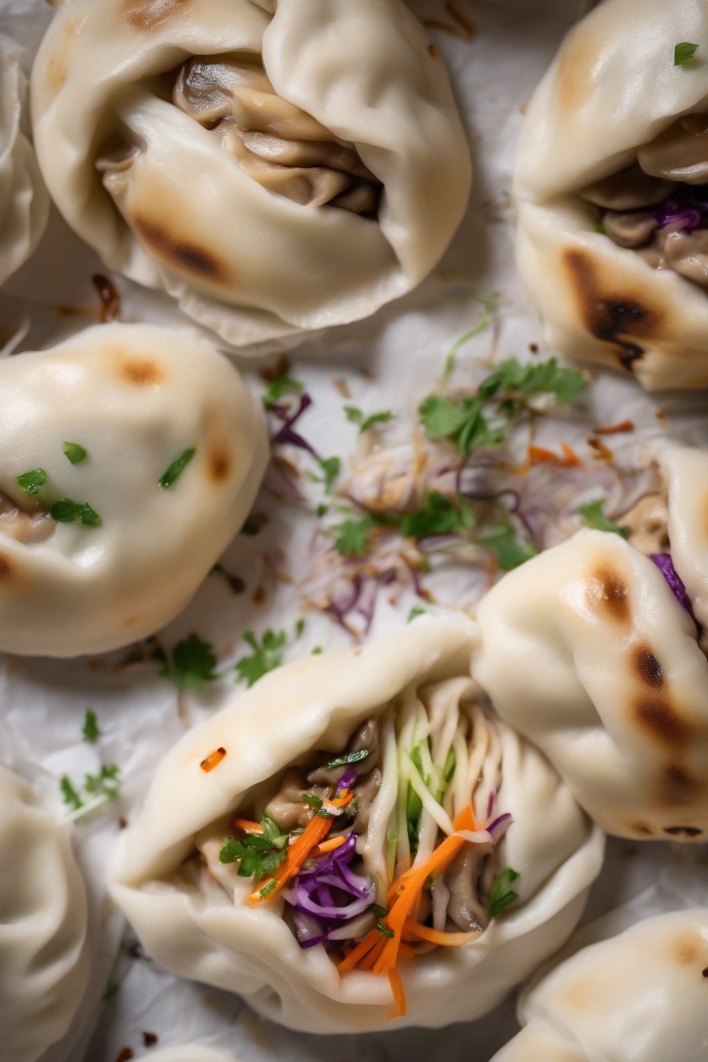 A high-resolution photo of vegan mushroom bao buns with colorful veggie flecks visible through the pleated white dough, under soft lighting.