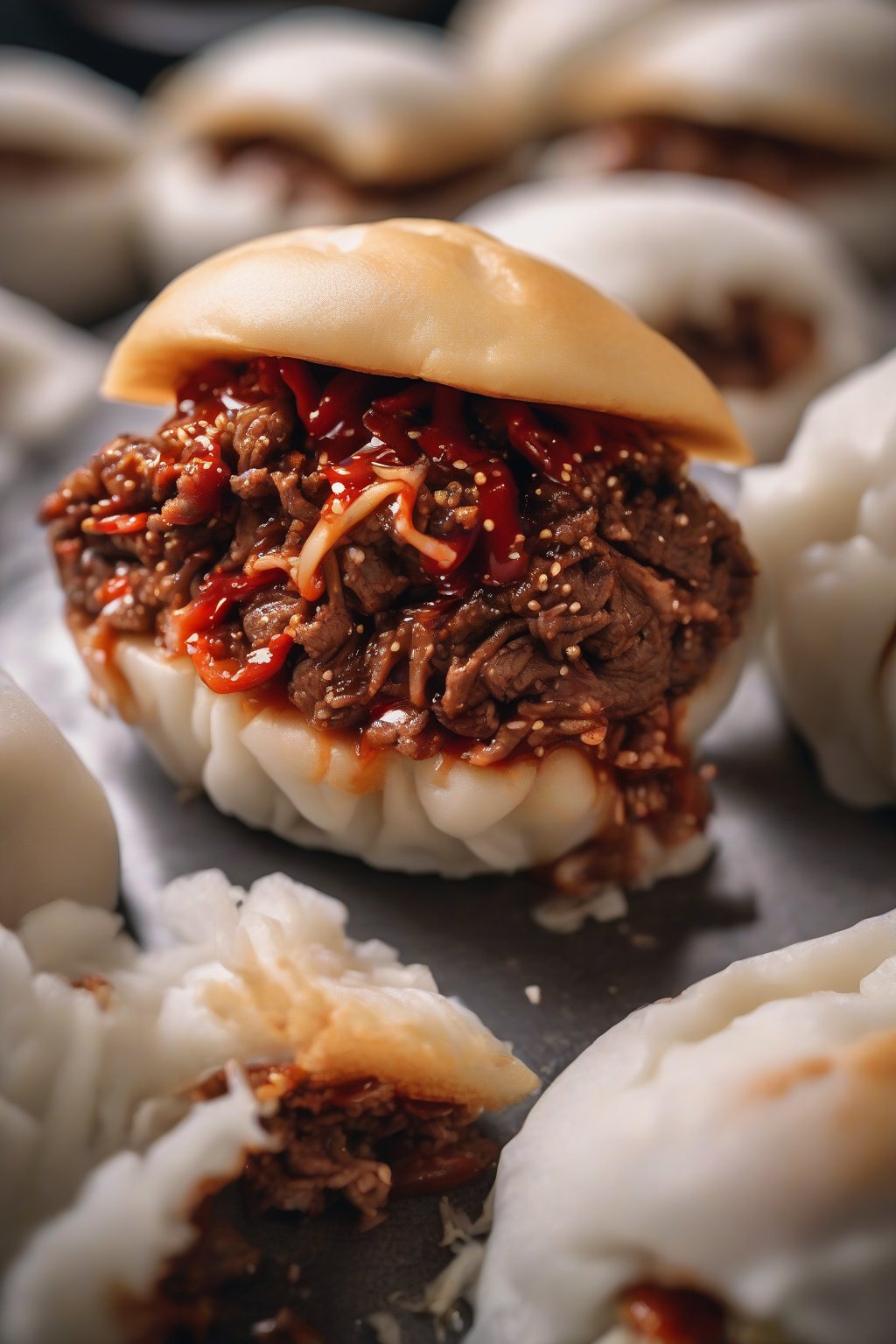 A high-resolution photo of spicy beef bulgogi bao buns sliced to show red-tinged filling oozing out, under soft lighting.