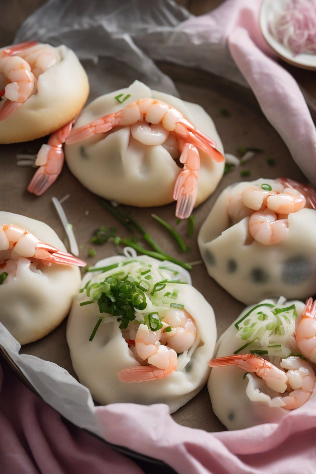 A high-resolution photo of shrimp and chive bao buns with pink shrimp peeking through the dough, garnished with chives, under soft lighting.