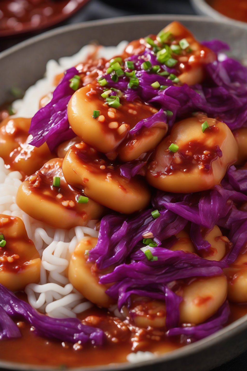 A high-resolution photo of kimchi tteokbokki with bright red cabbage bits clinging to chewy rice cakes in bubbling sauce, under soft lighting.
